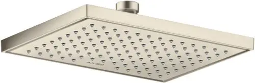 Kopfbrause in rechteckiger Form mit mehreren Wasserstrahldüsen. Oberflächenfinish in gebürstetem Nickel. Marke AXOR sichtbar.